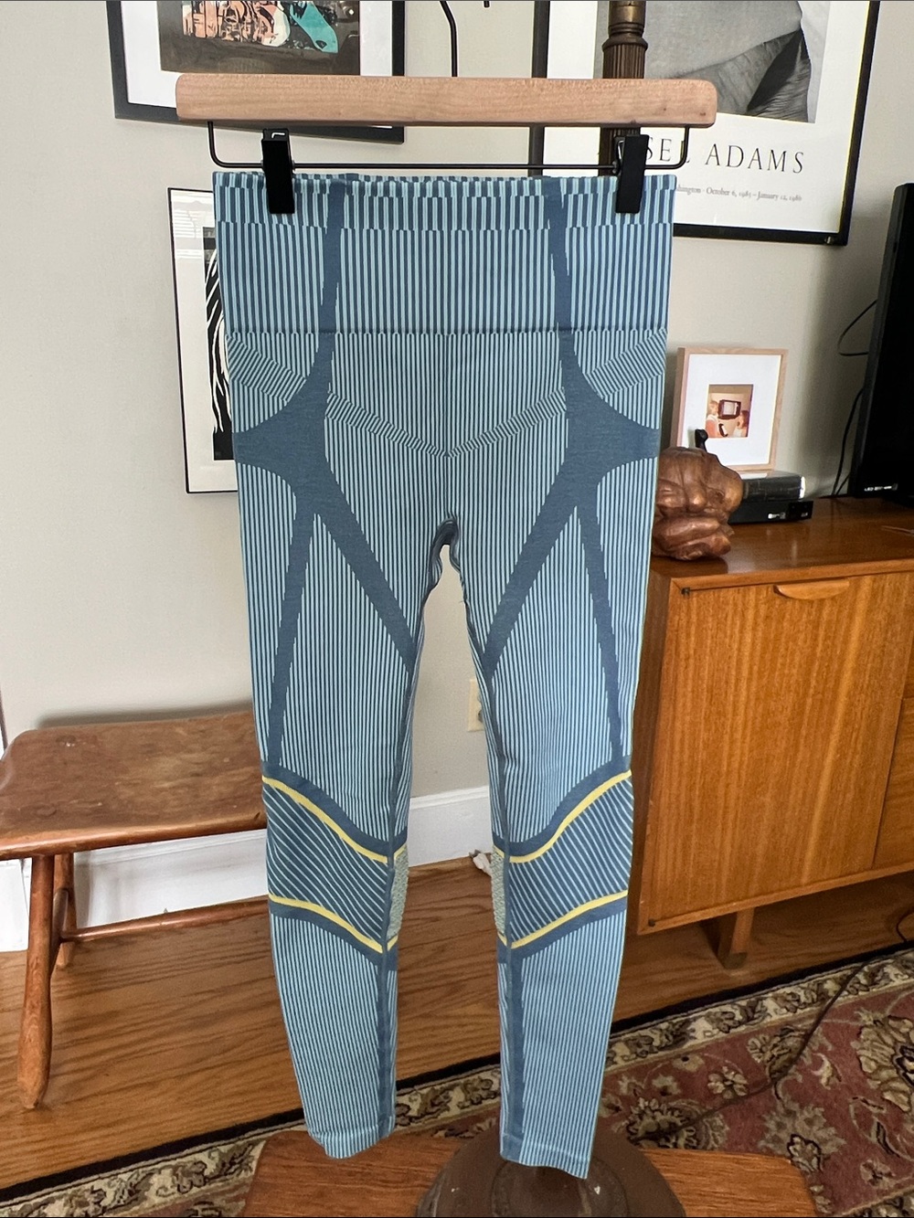 Fabletics Blue Striped High-Waist Active Leggings with Yellow Accents